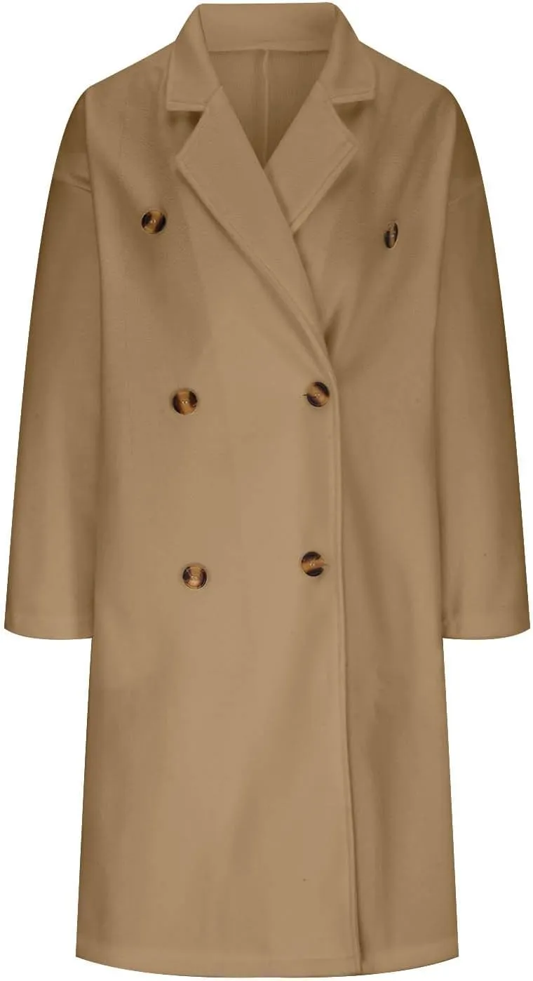 Womens Trench Coat Notched Lapel Double Breasted Wool Coat Winter Fashion Warm Pea Coats Elegant Casual Overcoat