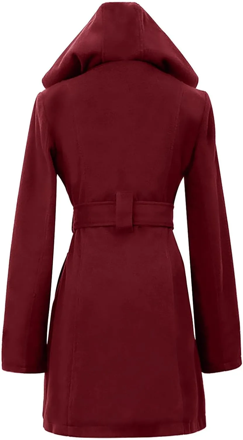 Womens Trench Coats Fall Winter Double Breasted Mid-Length Overcoat Lapel Button Down Peacoat Outerwear With Belt