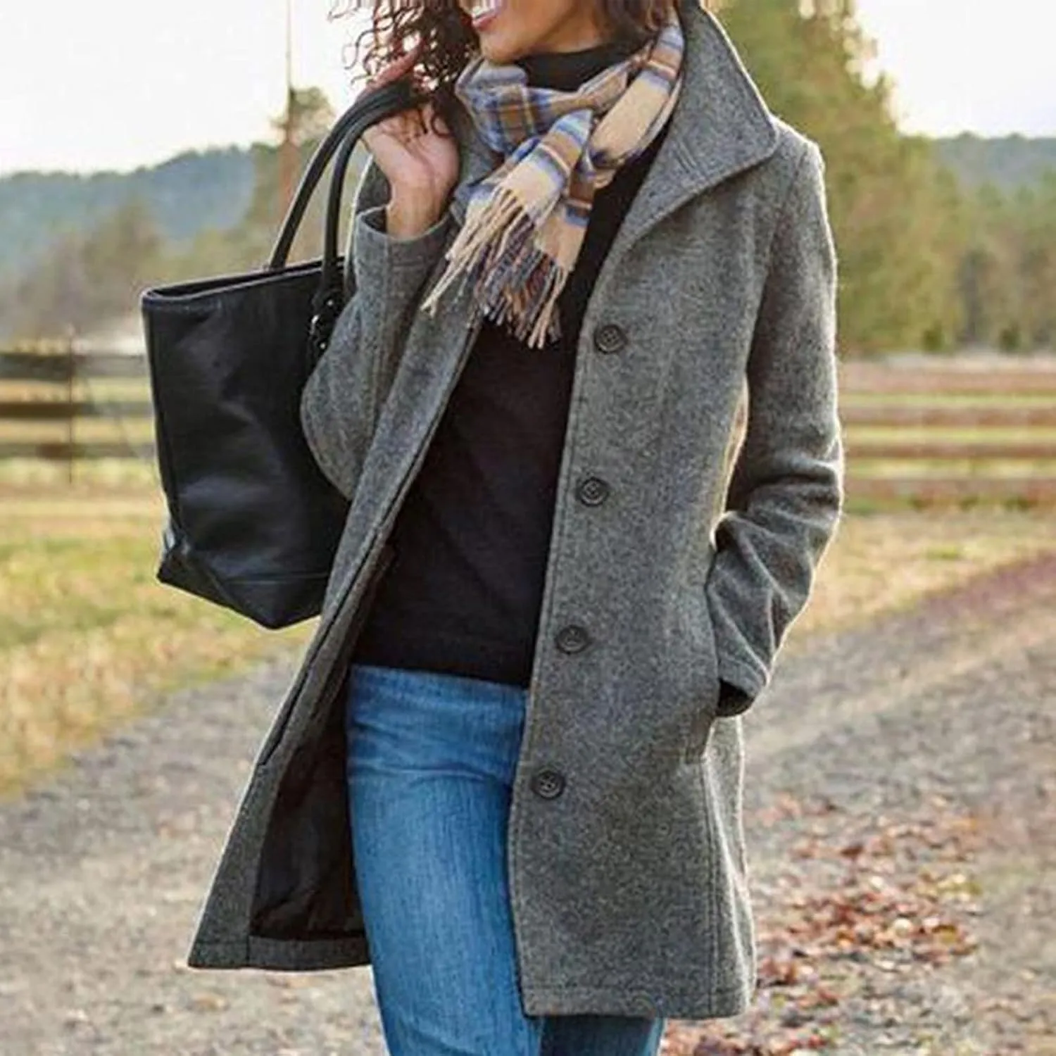 Women's Trench Coats, Mid Long Retro Single-Breasted Winter Outwear Classic Lapel Overcoat Solid Outerwear