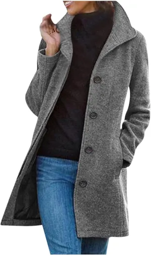 Women's Trench Coats, Mid Long Retro Single-Breasted Winter Outwear Classic Lapel Overcoat Solid Outerwear