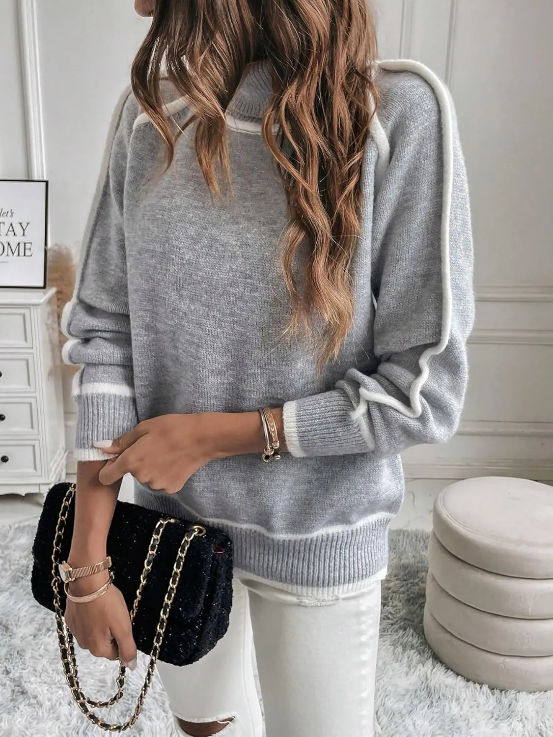 Women's Turtleneck Long Sleeve Sweater Casual Chunky Contrast Binding High Neck Pullover Sweater