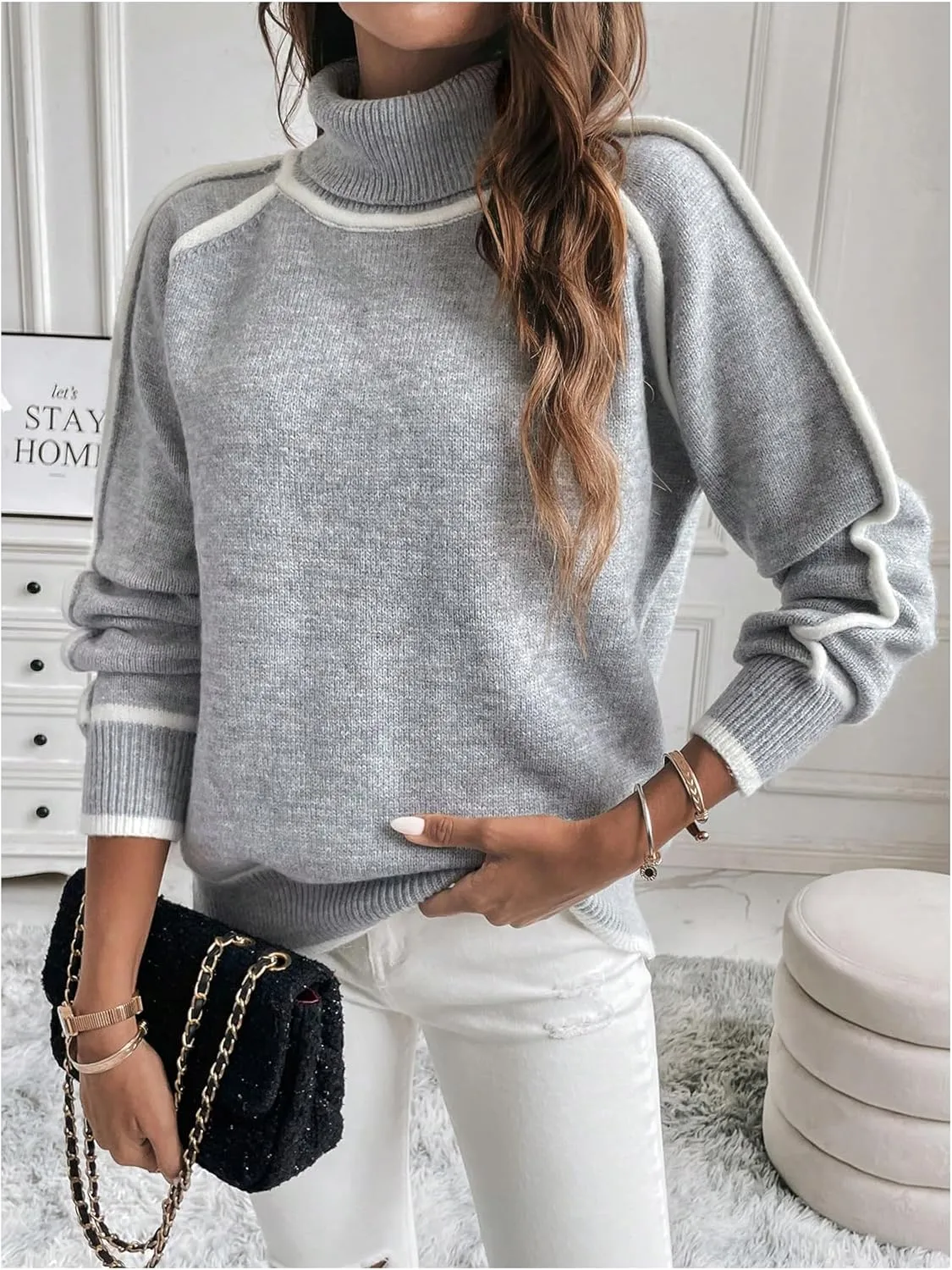 Women's Turtleneck Long Sleeve Sweater Casual Chunky Contrast Binding High Neck Pullover Sweater