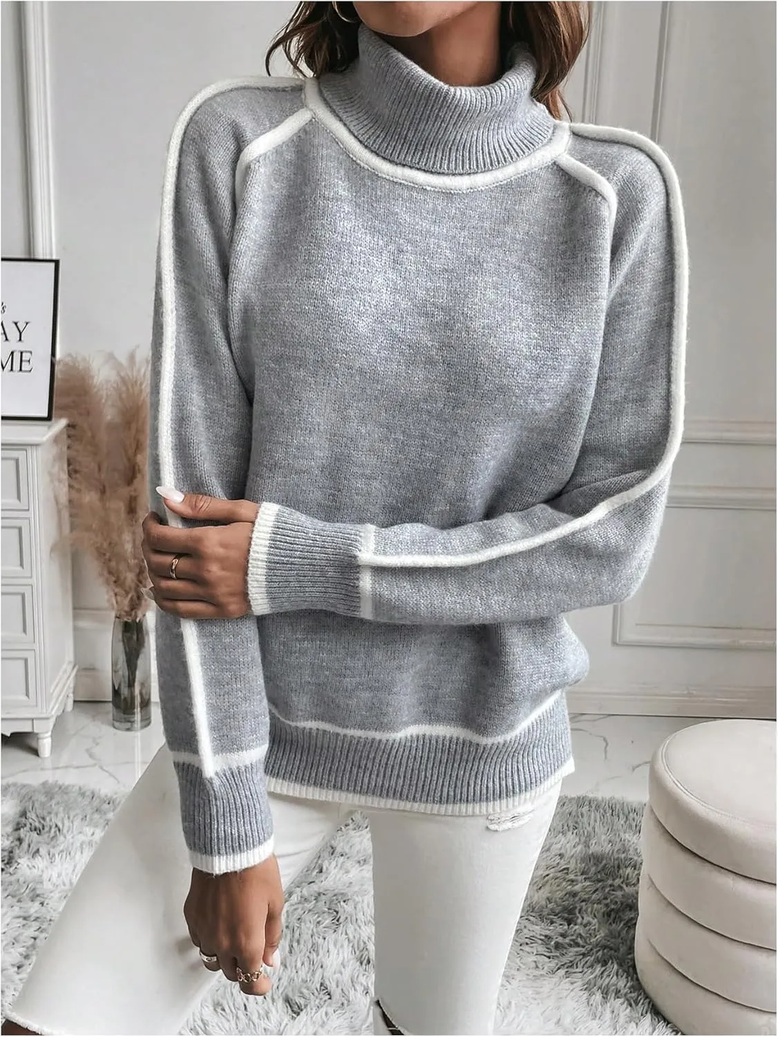 Women's Turtleneck Long Sleeve Sweater Casual Chunky Contrast Binding High Neck Pullover Sweater