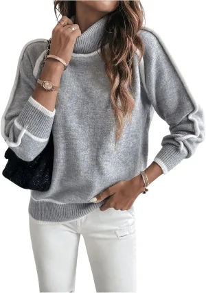 Women's Turtleneck Long Sleeve Sweater Casual Chunky Contrast Binding High Neck Pullover Sweater
