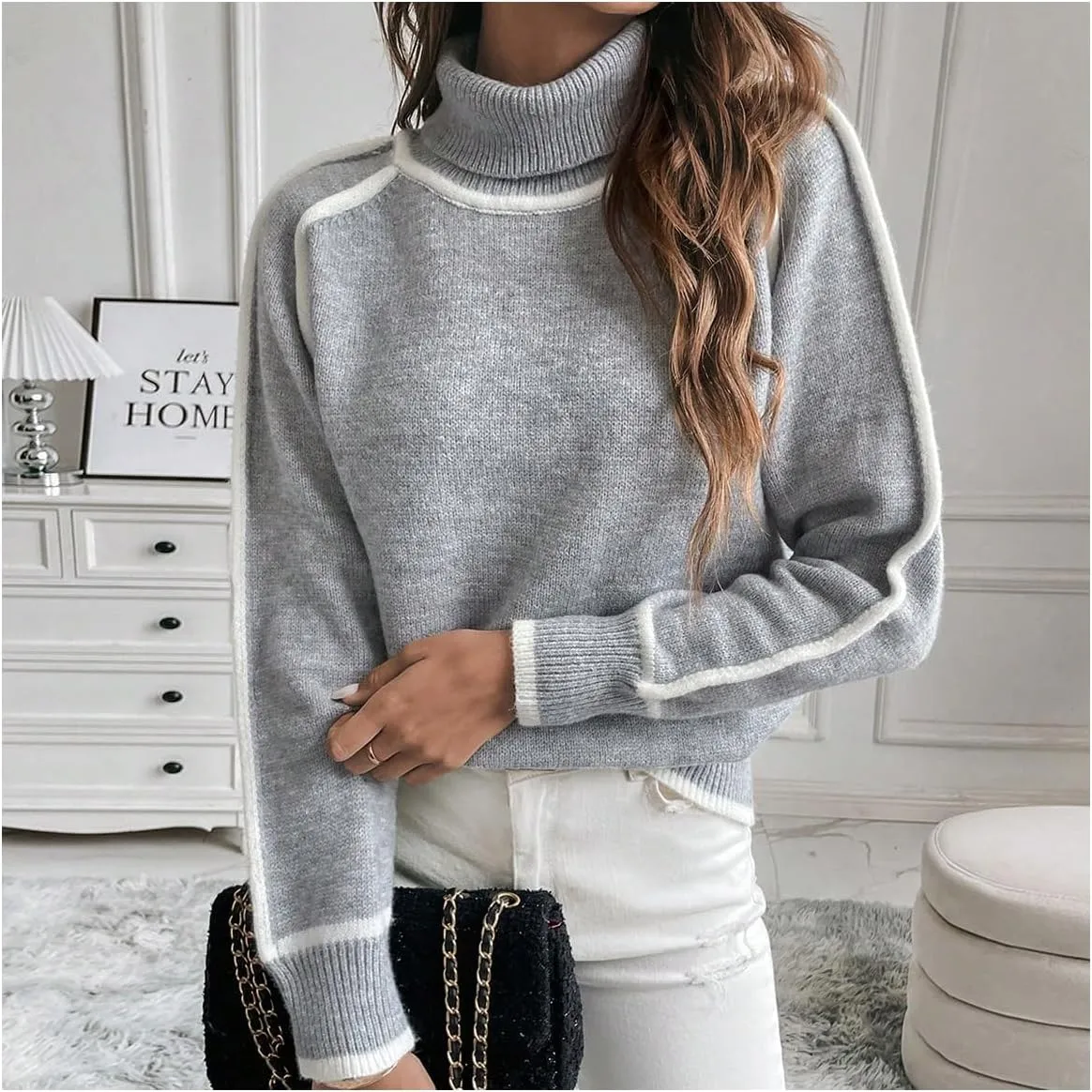 Women's Turtleneck Long Sleeve Sweater Casual Chunky Contrast Binding High Neck Pullover Sweater
