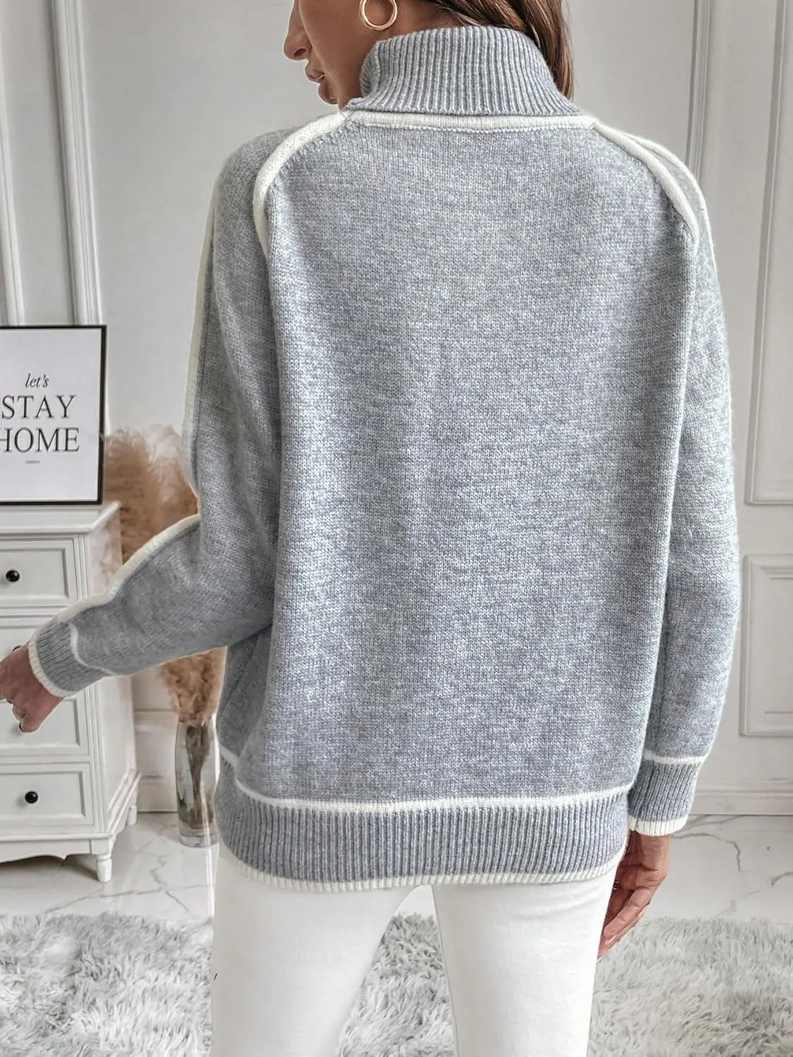Women's Turtleneck Long Sleeve Sweater Casual Chunky Contrast Binding High Neck Pullover Sweater