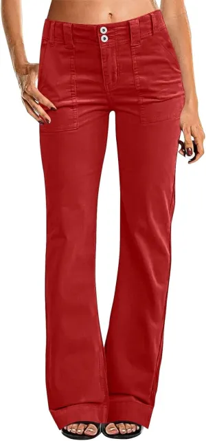 Women's Wide Leg Flare Pants Double Button Mid Waist Casual Trousers Trendy High-Waisted Fashion Pants