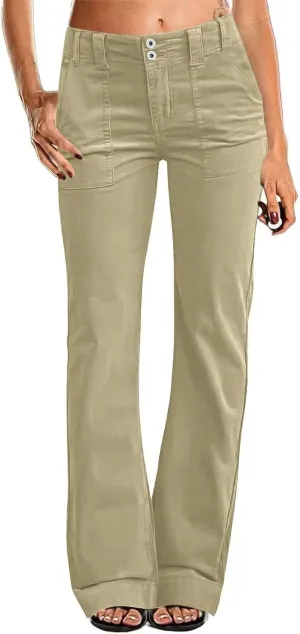 Women's Wide Leg Flare Pants Double Button Mid Waist Casual Trousers Trendy High-Waisted Fashion Pants