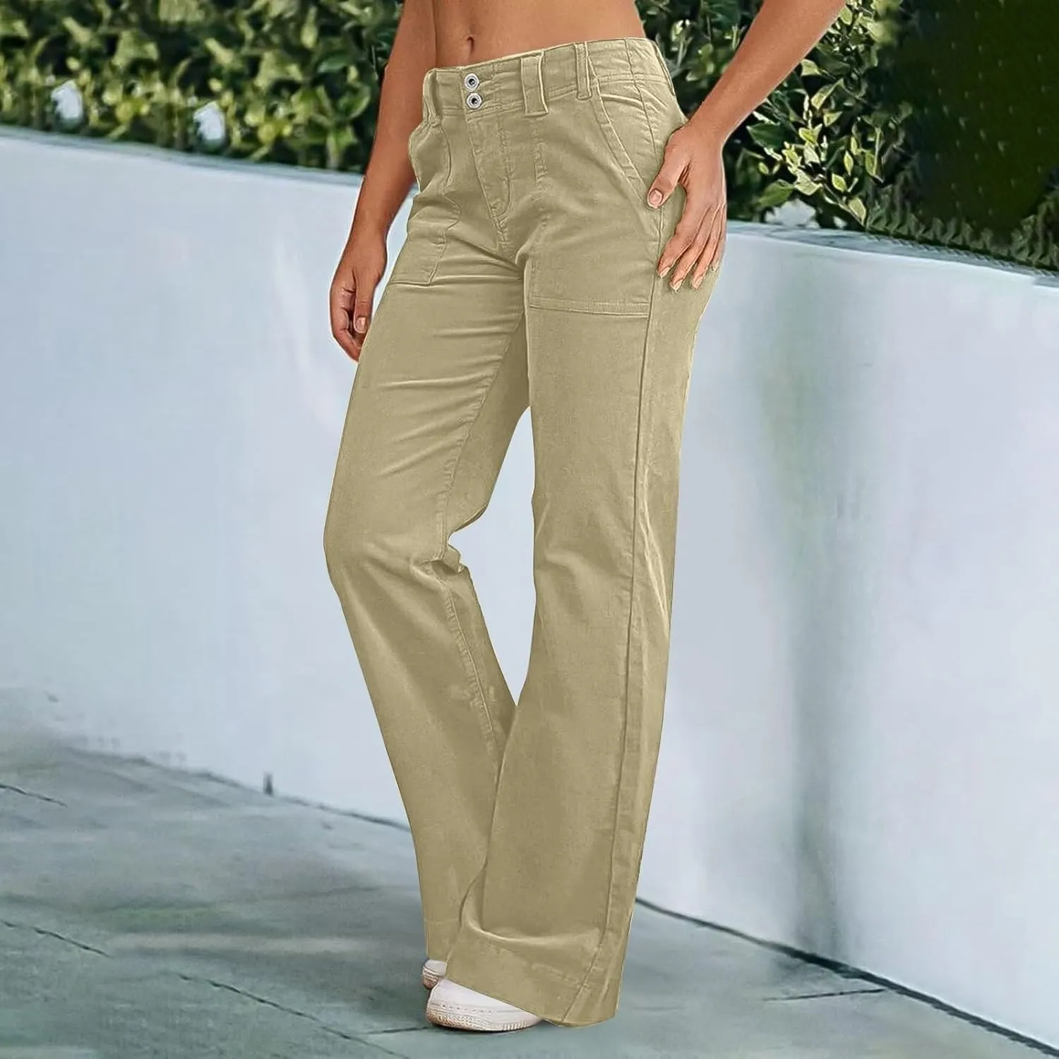 Women's Wide Leg Flare Pants Double Button Mid Waist Casual Trousers Trendy High-Waisted Fashion Pants