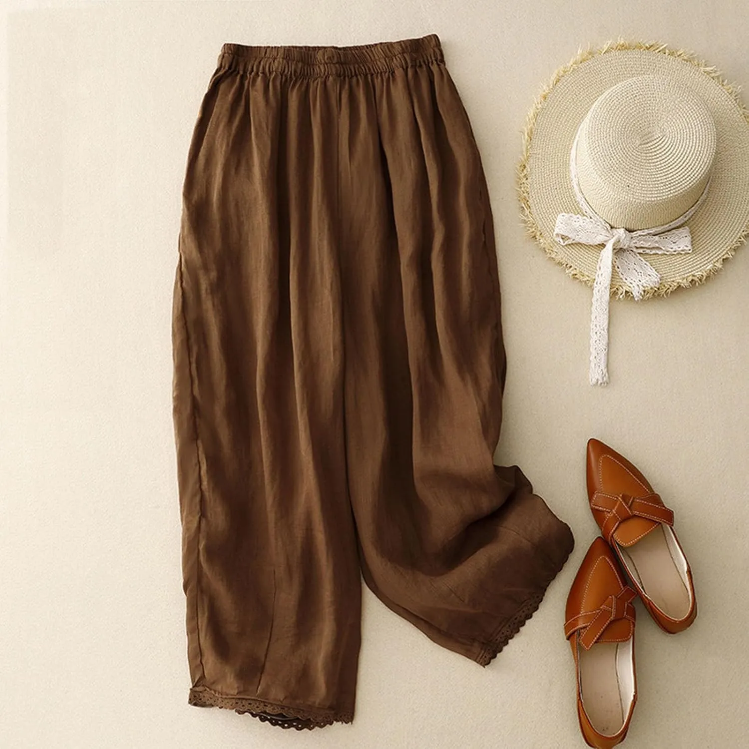 Womens Wide Leg Linen Pants Summer Elastic Waist Solid Lounge Trousers Casual Fashion Loose Vacation Palazzo Pants