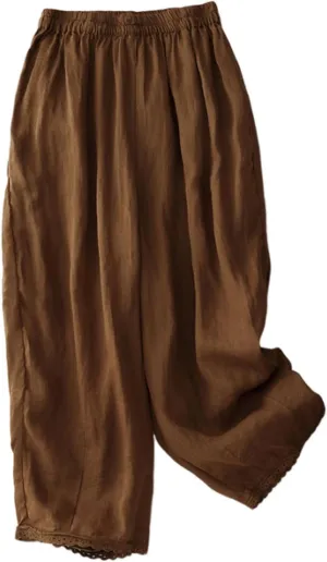 Womens Wide Leg Linen Pants Summer Elastic Waist Solid Lounge Trousers Casual Fashion Loose Vacation Palazzo Pants