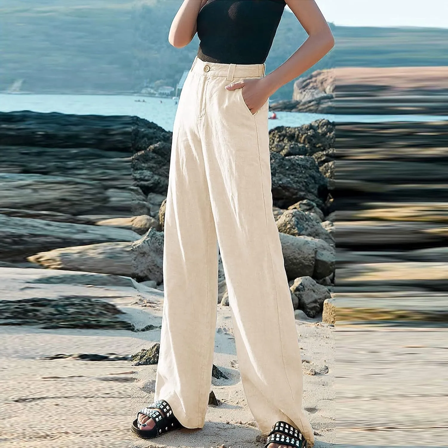 Womens Wide Leg Linen Pants Wide Leg Pants Button Up Straight Leg Trousers Linen Blend Pants