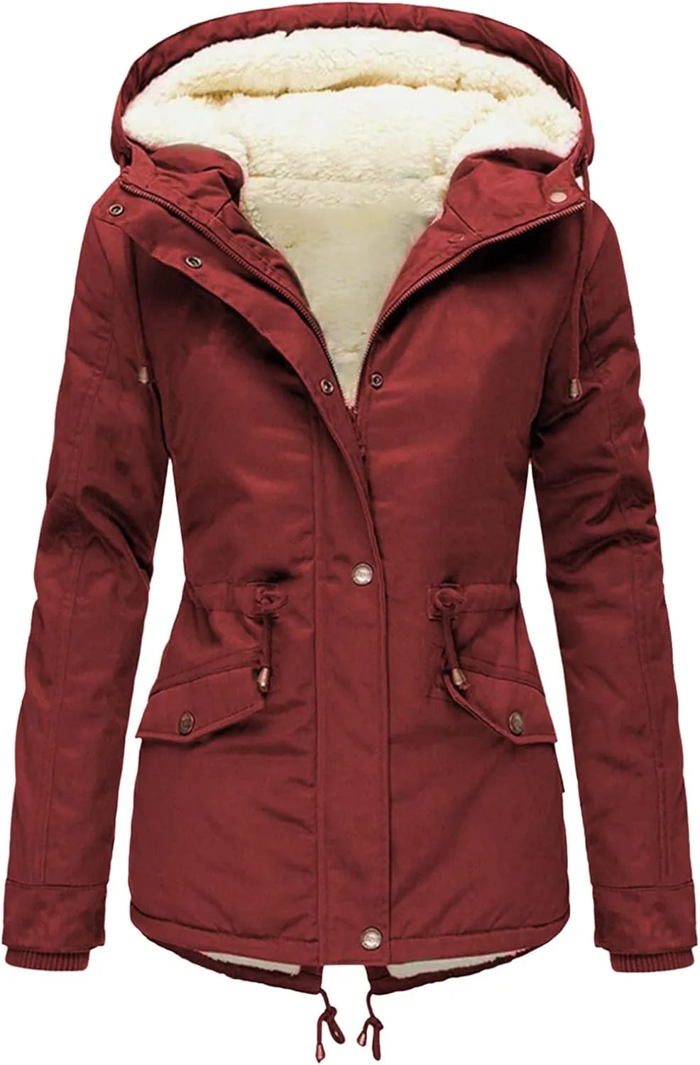 Womens Winter Casual Quilted Coat Loose Fit Long Sleeve Button Zip Overcoat Fashion Warm Fleece Jacket Padded Outwear