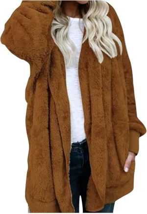 Womens Winter Coats Baggy Comfy Shaggy Sherpa Jacket Oversized Fleece Outwear Casual Open Front Cardigan fith Pockets