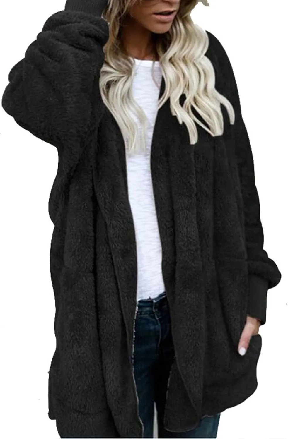 Womens Winter Coats Baggy Comfy Shaggy Sherpa Jacket Oversized Fleece Outwear Casual Open Front Cardigan fith Pockets