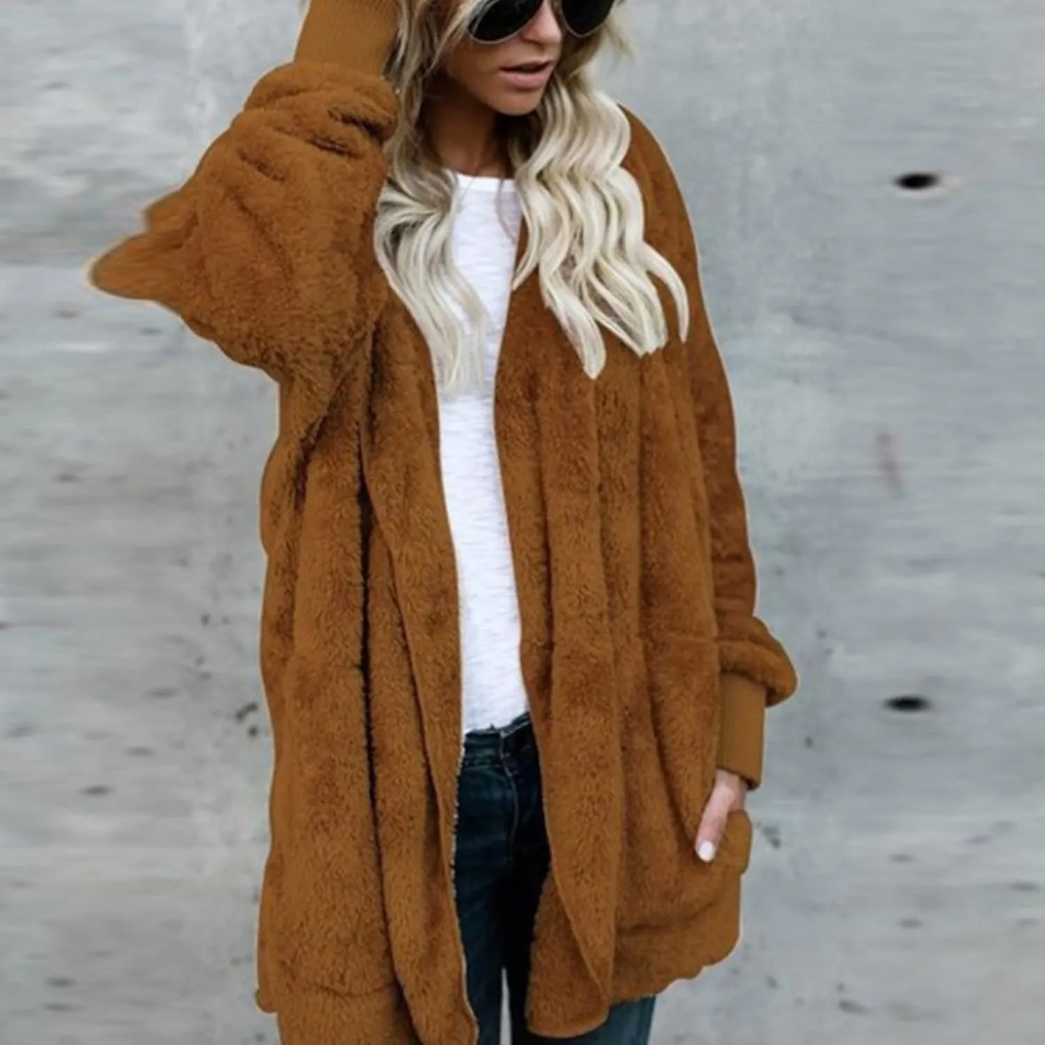 Womens Winter Coats Baggy Comfy Shaggy Sherpa Jacket Oversized Fleece Outwear Casual Open Front Cardigan fith Pockets