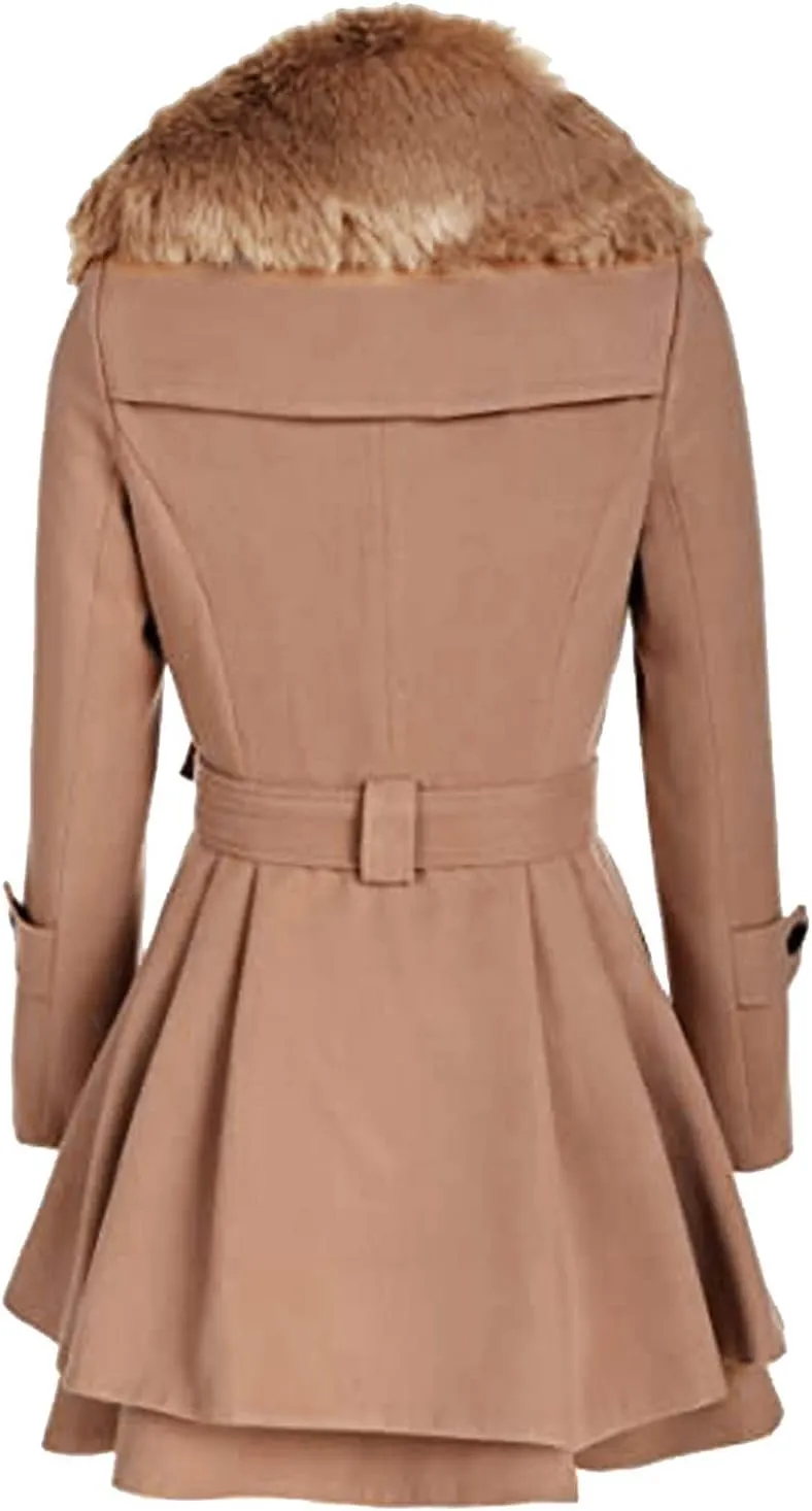 Womens Winter Coats Basic Collar Open Front Belted Wool Coat Casual Fashion Trench Coat Elegant Peacoat with Hood