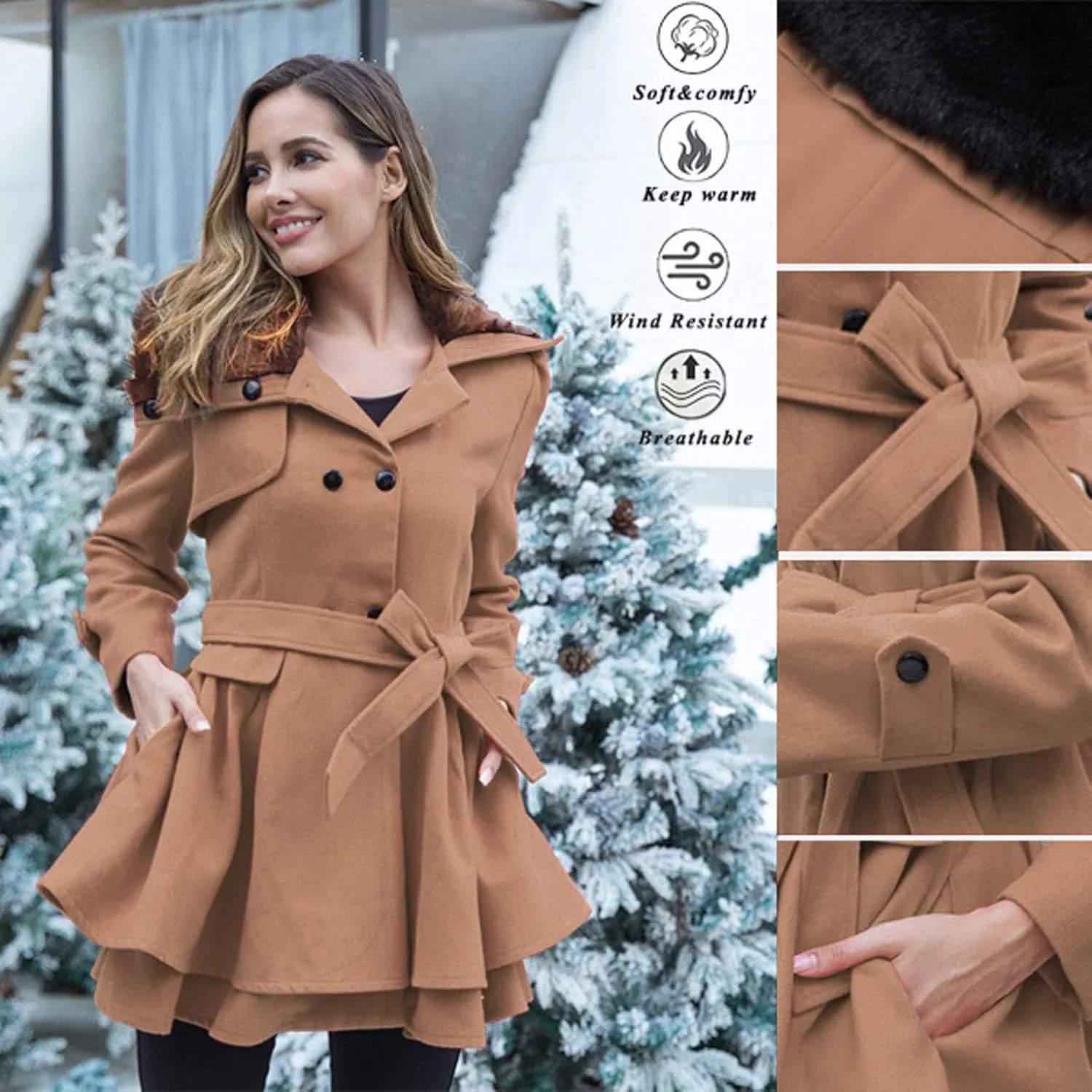 Womens Winter Coats Basic Collar Open Front Belted Wool Coat Casual Fashion Trench Coat Elegant Peacoat with Hood