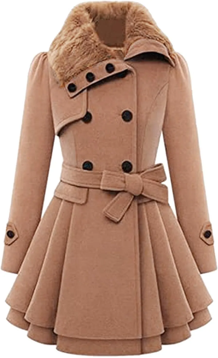 Womens Winter Coats Basic Collar Open Front Belted Wool Coat Casual Fashion Trench Coat Elegant Peacoat with Hood