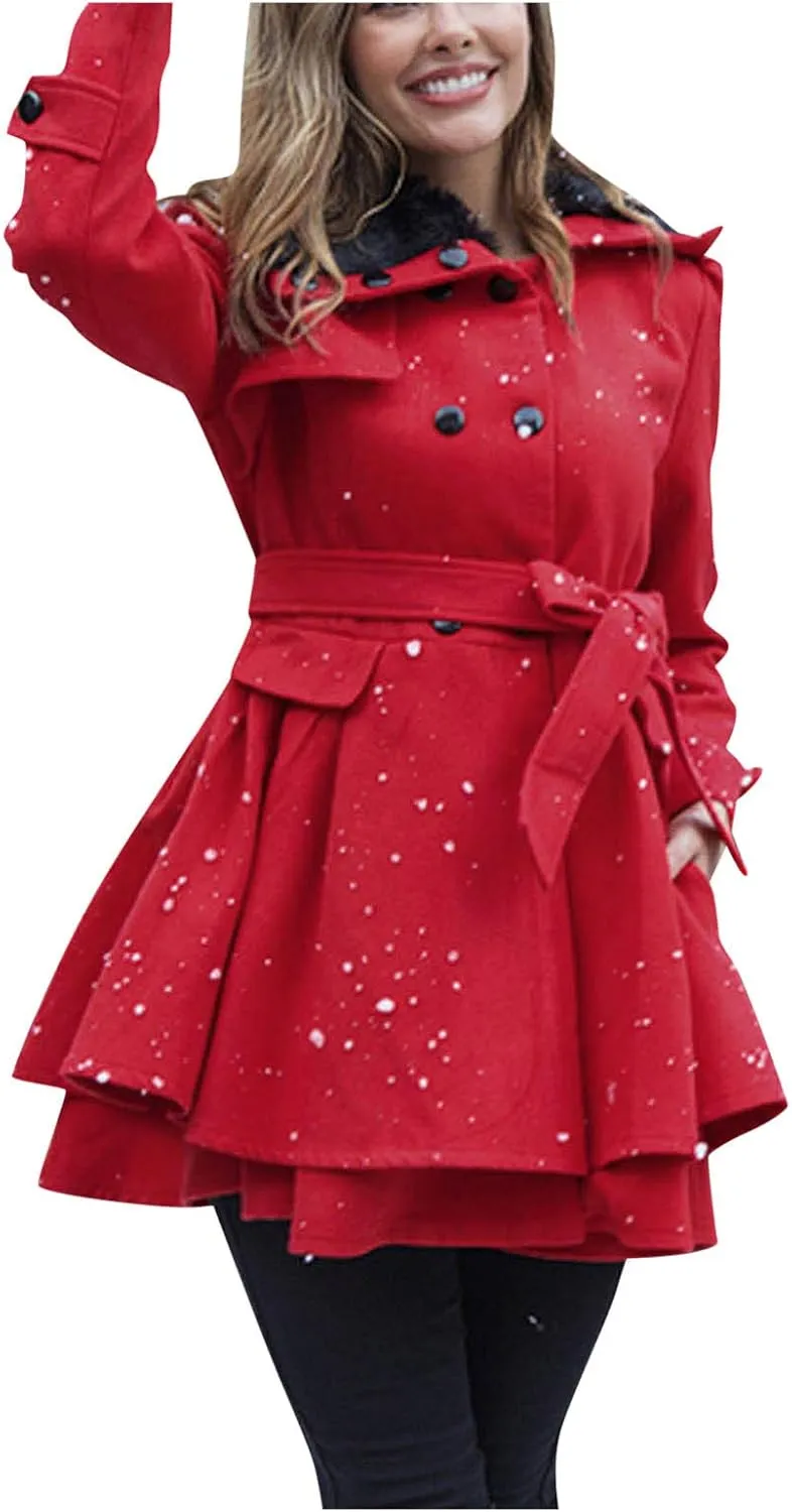Womens Winter Coats Basic Collar Open Front Belted Wool Coat Casual Fashion Trench Coat Elegant Peacoat with Hood