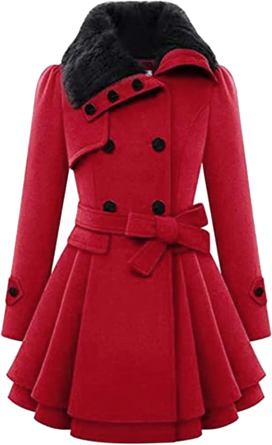 Womens Winter Coats Basic Collar Open Front Belted Wool Coat Casual Fashion Trench Coat Elegant Peacoat with Hood