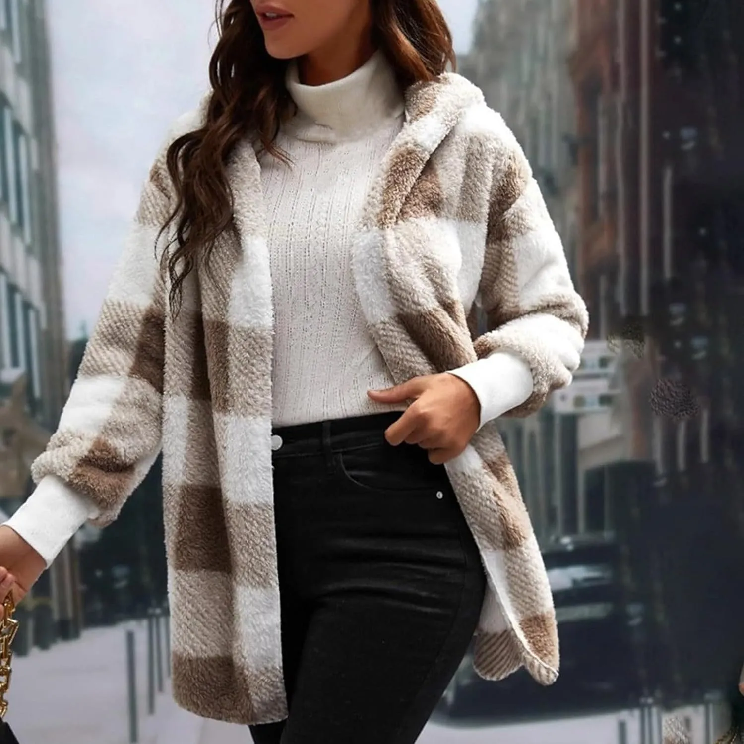 Womens Winter Coats Warm Plush Jackets Open Front Long Sleeve Cardigan Trendy Plaid Fuzzy Outerwear
