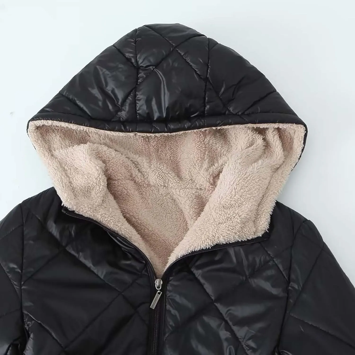 Women's Winter Hooded Plush Coat Warm Lamb Shacket Fleece Lined Jackets Padded Cotton Zip Up Heavyweight Coats