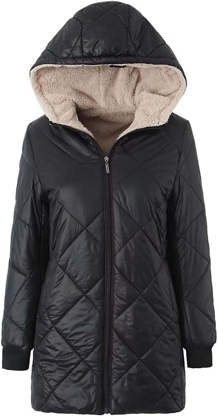Women's Winter Hooded Plush Coat Warm Lamb Shacket Fleece Lined Jackets Padded Cotton Zip Up Heavyweight Coats