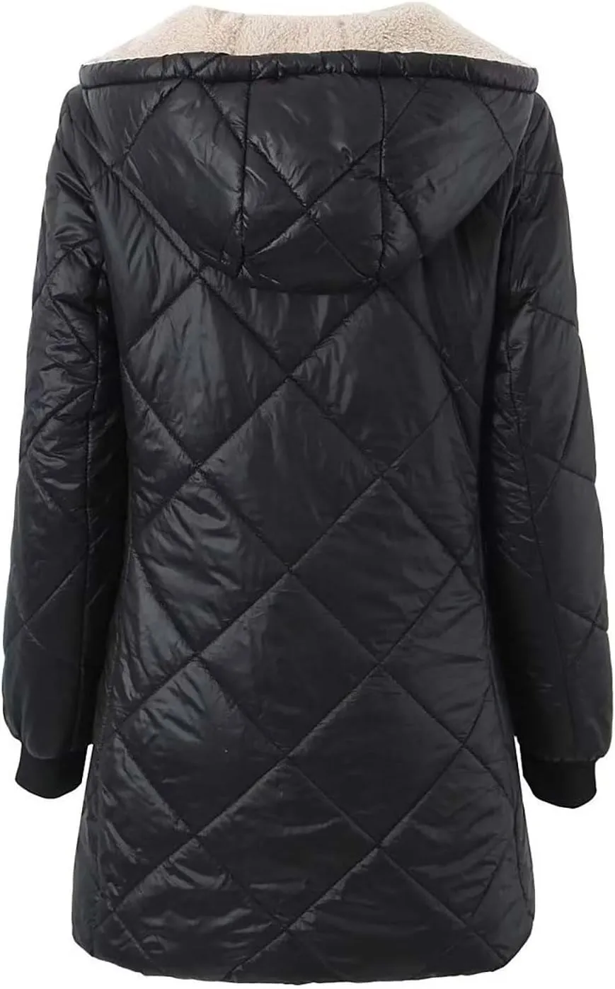 Women's Winter Hooded Plush Coat Warm Lamb Shacket Fleece Lined Jackets Padded Cotton Zip Up Heavyweight Coats