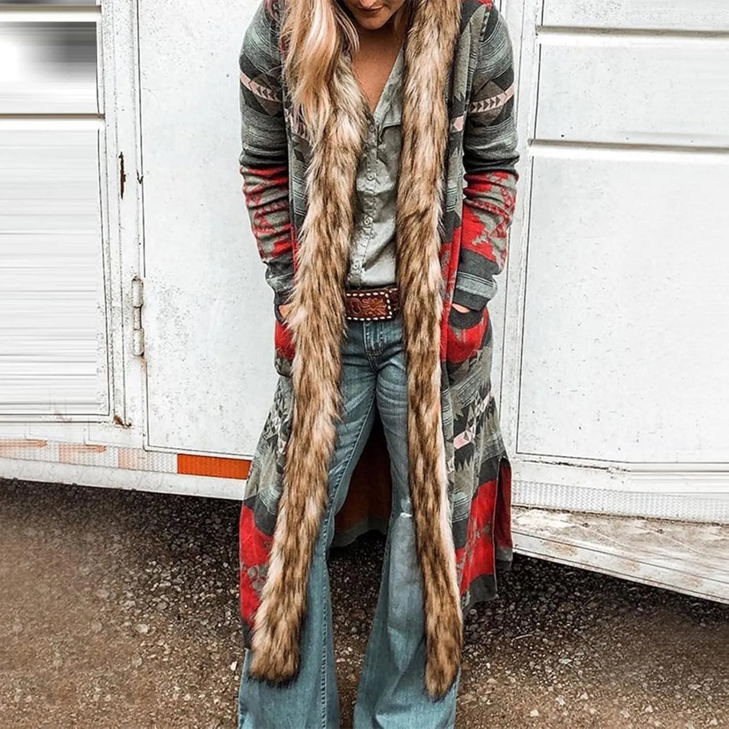Womens Winter Long Faux Fur Jacket Open Front Coat Vintage Western Print Fuzzy Hooded Cardigan Jackets Warm Outerwear