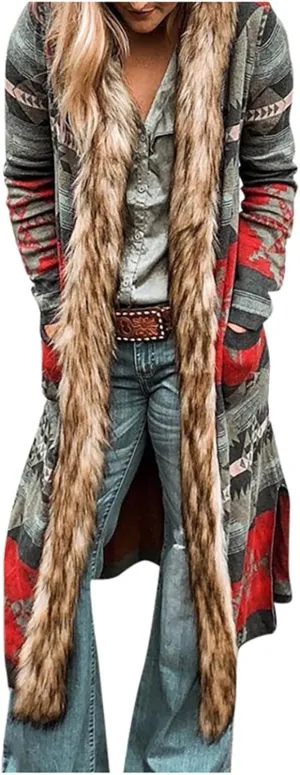 Womens Winter Long Faux Fur Jacket Open Front Coat Vintage Western Print Fuzzy Hooded Cardigan Jackets Warm Outerwear