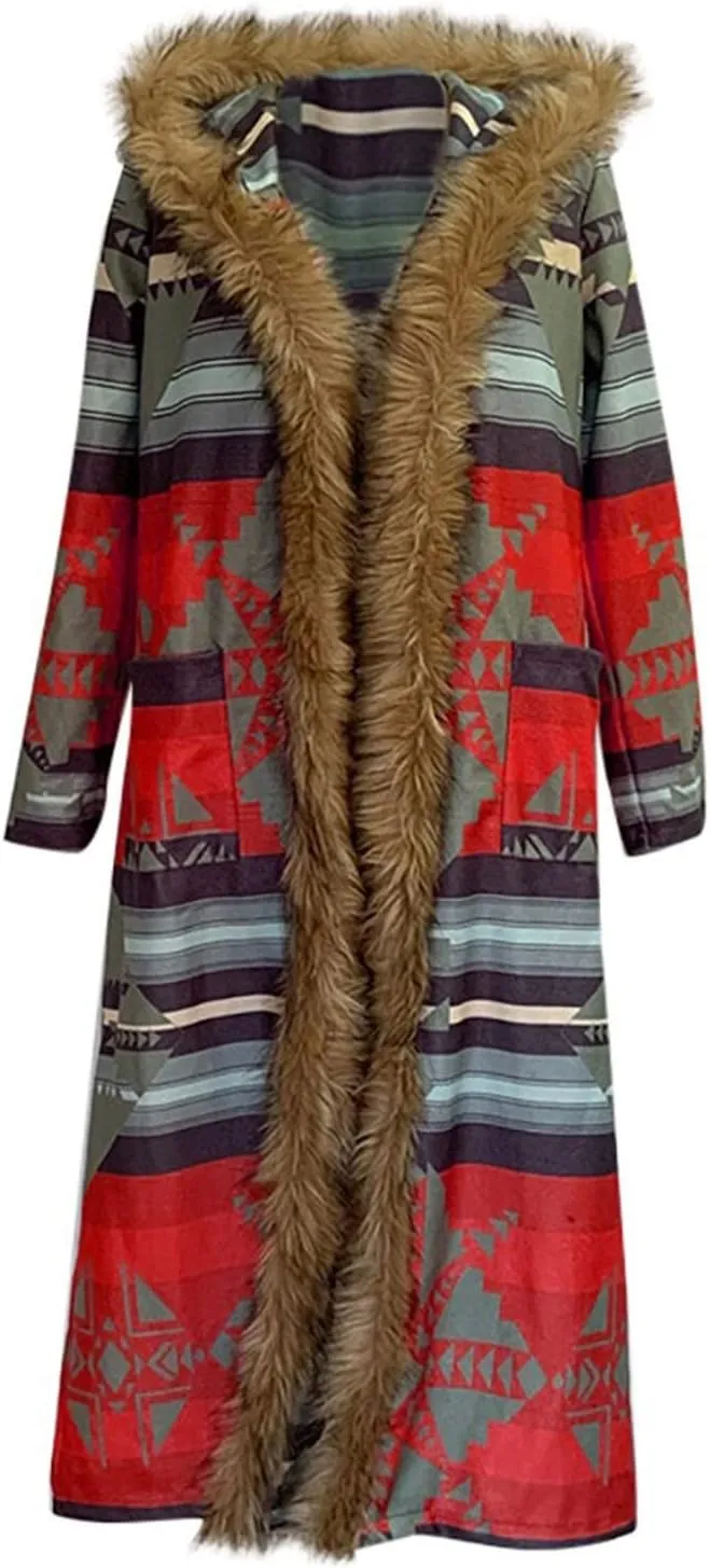 Womens Winter Long Faux Fur Jacket Open Front Coat Vintage Western Print Fuzzy Hooded Cardigan Jackets Warm Outerwear