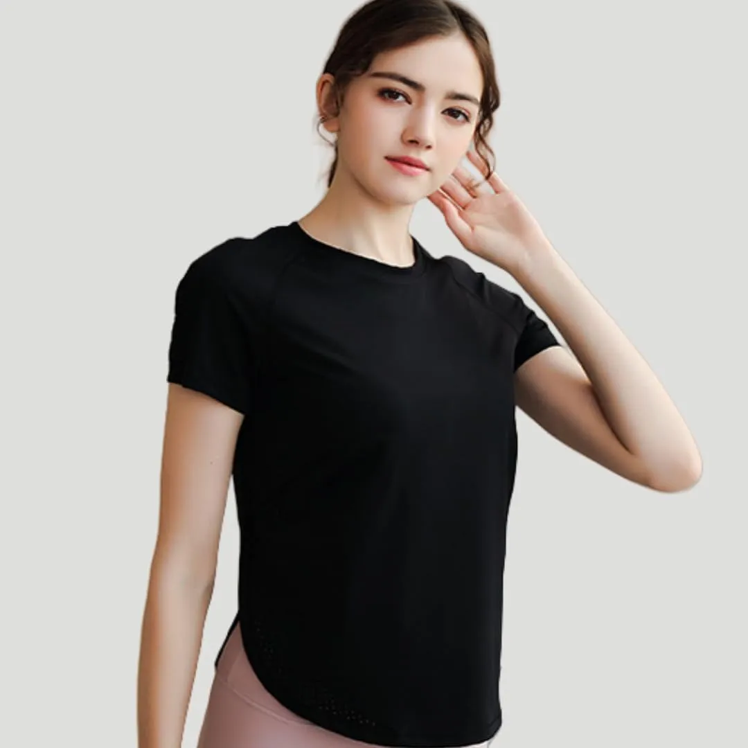 Women's Yoga T-Shirt Slim-Fit Quick-Dry Mesh Hem Workout Top,Stretchy Outdoor Running Shirt,S-XL