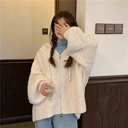 Women's Zip Up Hoodies Sweater Y2K Preppy Oversized Grandpa Sweaters Cable Knit Sweatshirts Old Money Clothing