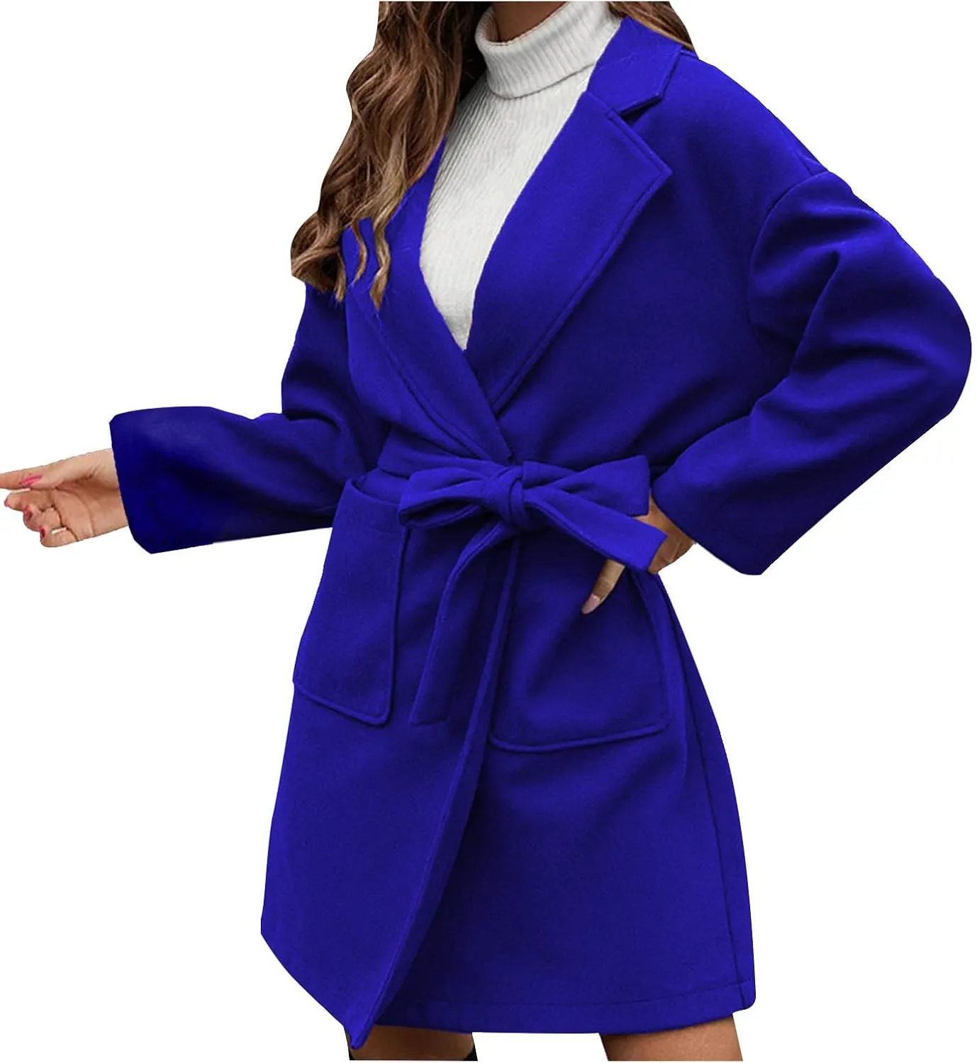 Wool Coats for Women Casual Open Front Winter Trench Coat Oversized Notch Lapel Thicken Bussiness Jacket With Belts