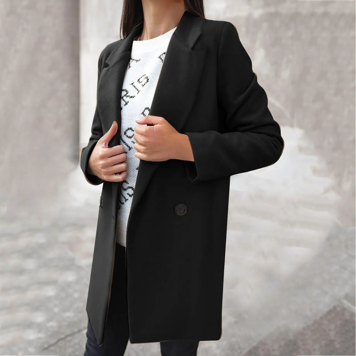 Wool Coats for Women Notched Lapel Collar Peacoat Fall Winter Elegant Outerwear Overcoat Trendy Woolen Trench Coat