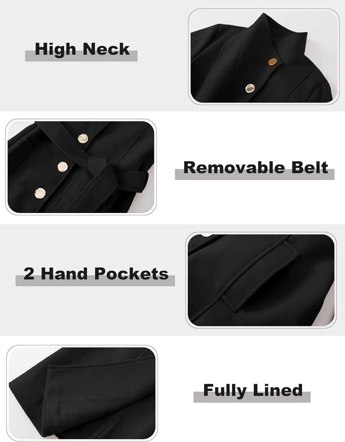 Wool Coats for Women Winter Long Pea Coats Stand Collar Single Breasted Trench Coat with Belt