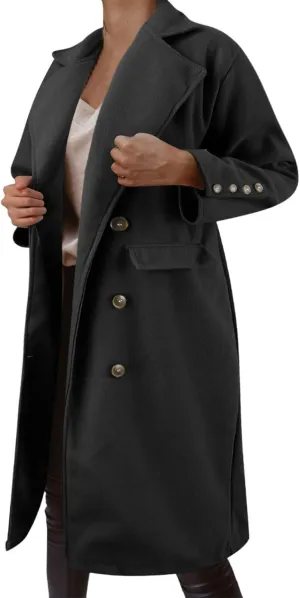 Wool Leather Coat Mid Length Coat Notched Lapel Buttoned Trench Coat Womens Wool Coat Long