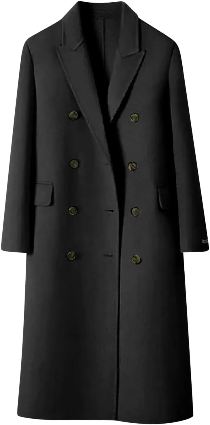 Wool Leather Coat Mid Length Coat Notched Lapel Buttoned Trench Coat Womens Wool Coat Long
