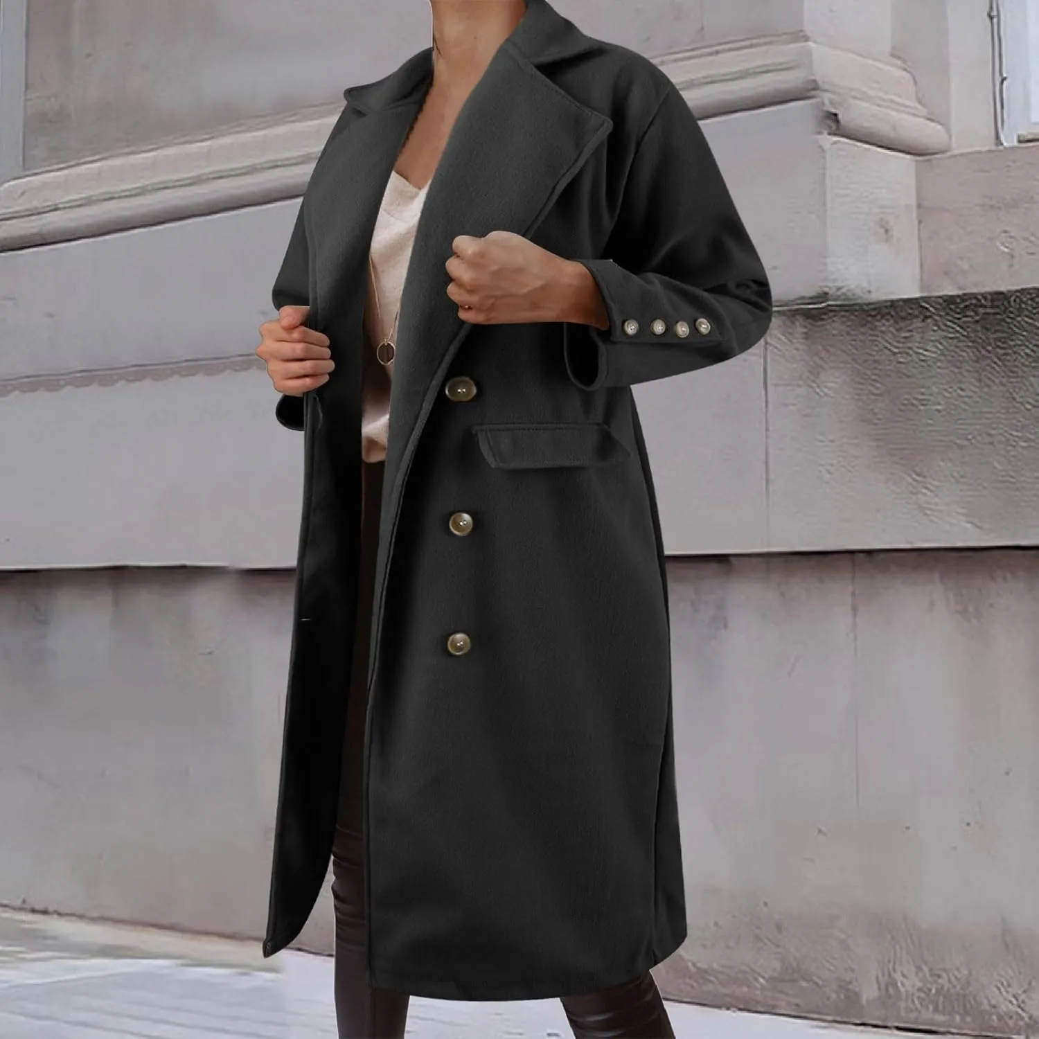 Wool Leather Coat Mid Length Coat Notched Lapel Buttoned Trench Coat Womens Wool Coat Long