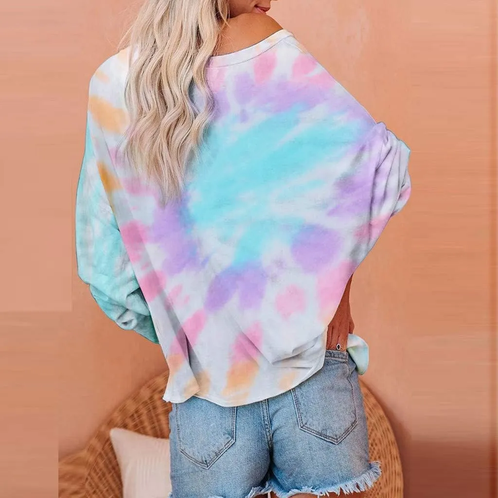 WUAI-Women Tie Dye Sweatshirt Oversized Long Sleeve Crewneck Loose Fit Casual Pullover Shirts Tunic Tops Loungewear