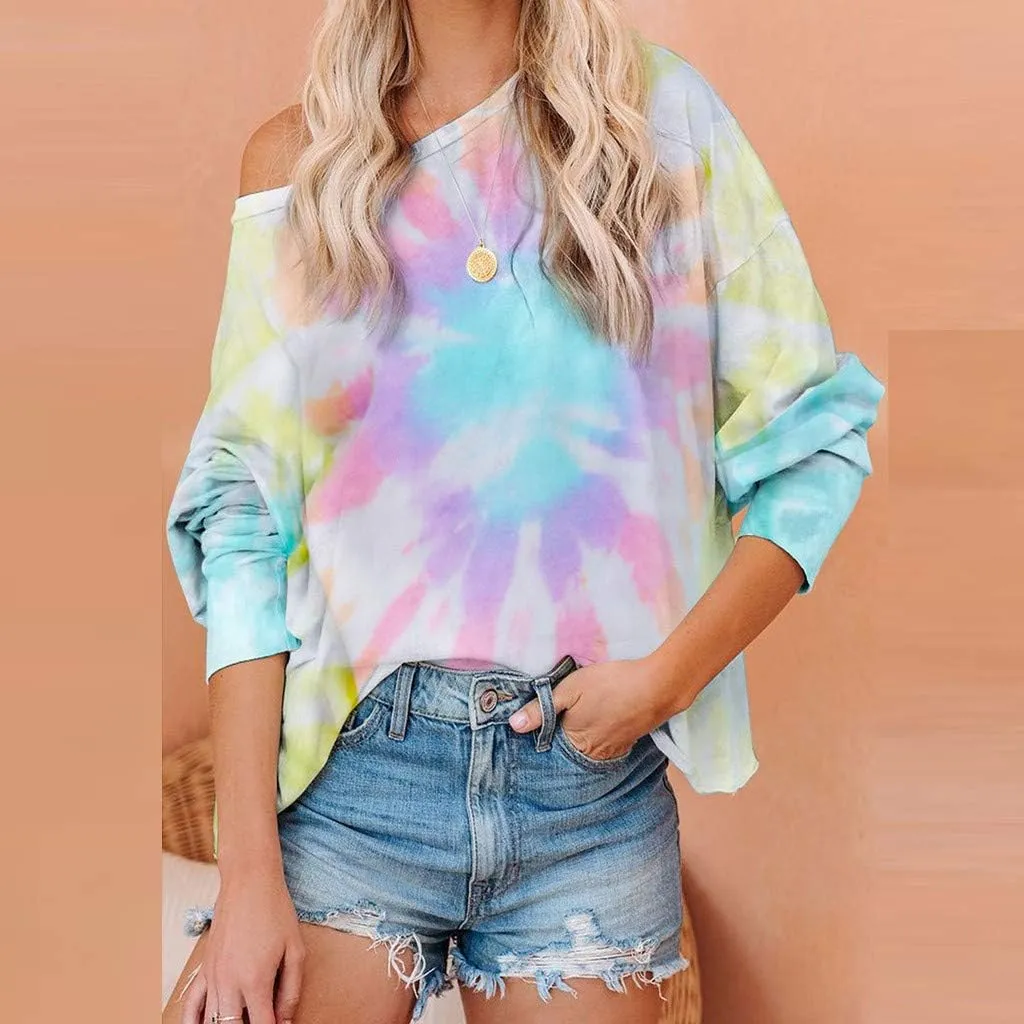 WUAI-Women Tie Dye Sweatshirt Oversized Long Sleeve Crewneck Loose Fit Casual Pullover Shirts Tunic Tops Loungewear