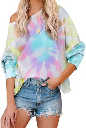 WUAI-Women Tie Dye Sweatshirt Oversized Long Sleeve Crewneck Loose Fit Casual Pullover Shirts Tunic Tops Loungewear