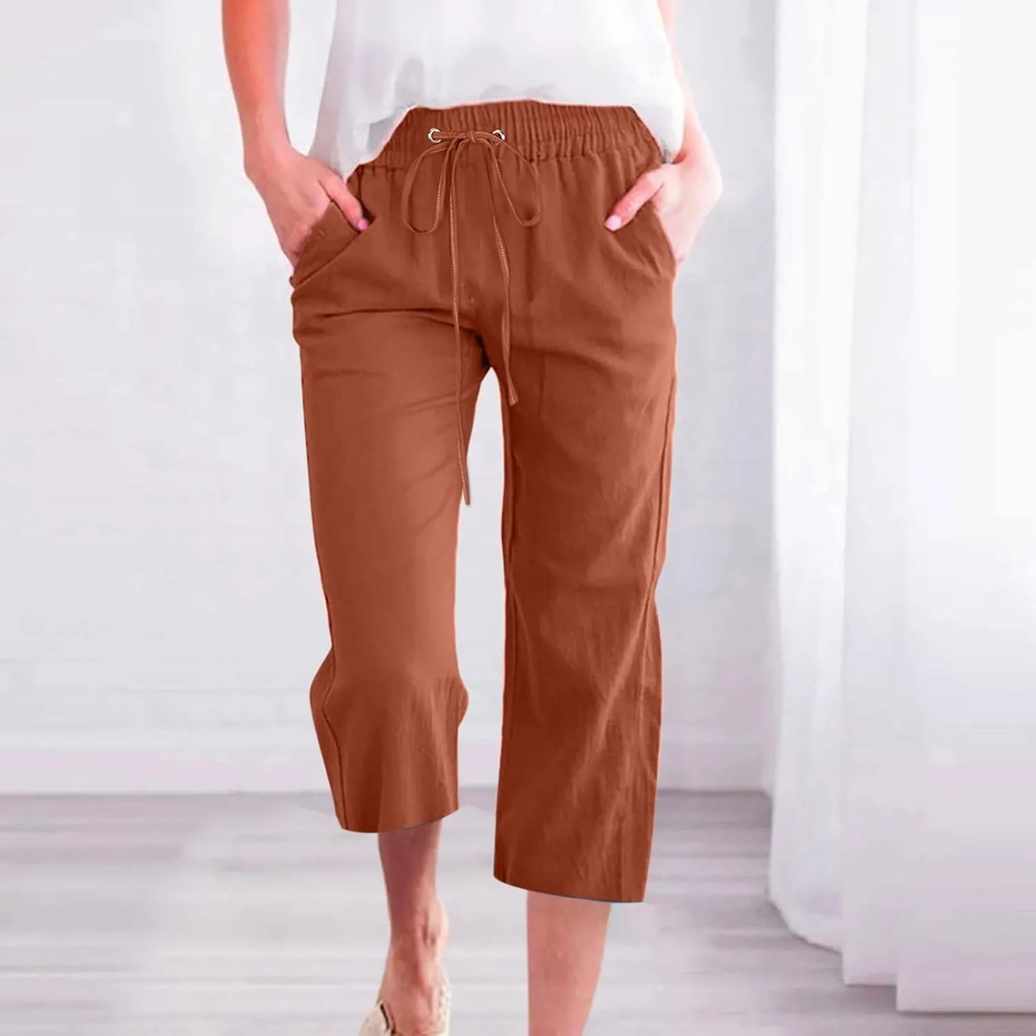 yardsong Plus Size Capris for Women Cotton Linen Blend Summer Casual Capri Pants Drawstring Elastic Waist Cropped Pants