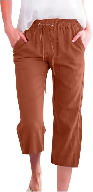 yardsong Plus Size Capris for Women Cotton Linen Blend Summer Casual Capri Pants Drawstring Elastic Waist Cropped Pants