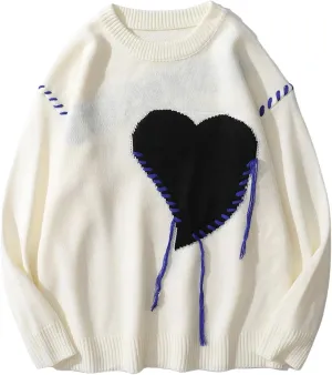 Yimoon Mens Oversized Graphic Sweater Unisex Long Sleeve Cable Knit Aesthetic Pullover Y2K Vintage Jumper Tops