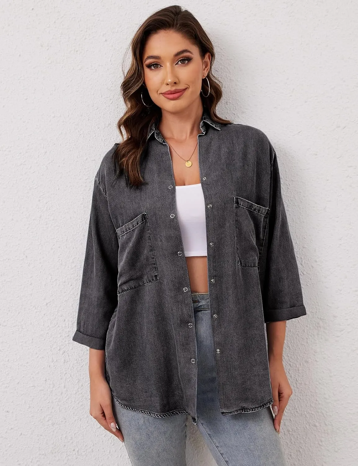 Yimoon Womens Denim Shirt Chambray Blue Button Down Jean Shirt Denim Tops Soft Tencel Casual 3/4 Sleeve Jacket