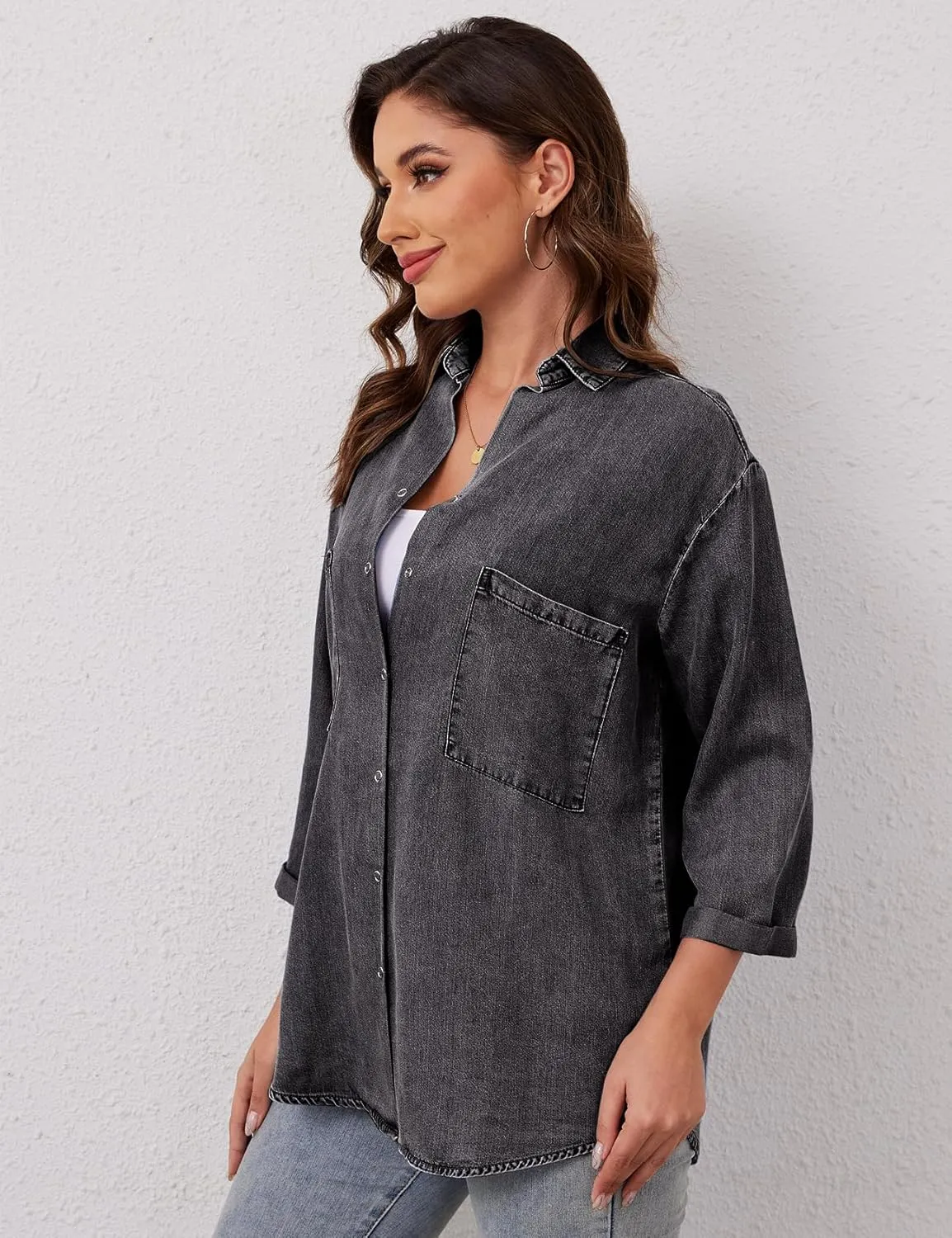 Yimoon Womens Denim Shirt Chambray Blue Button Down Jean Shirt Denim Tops Soft Tencel Casual 3/4 Sleeve Jacket