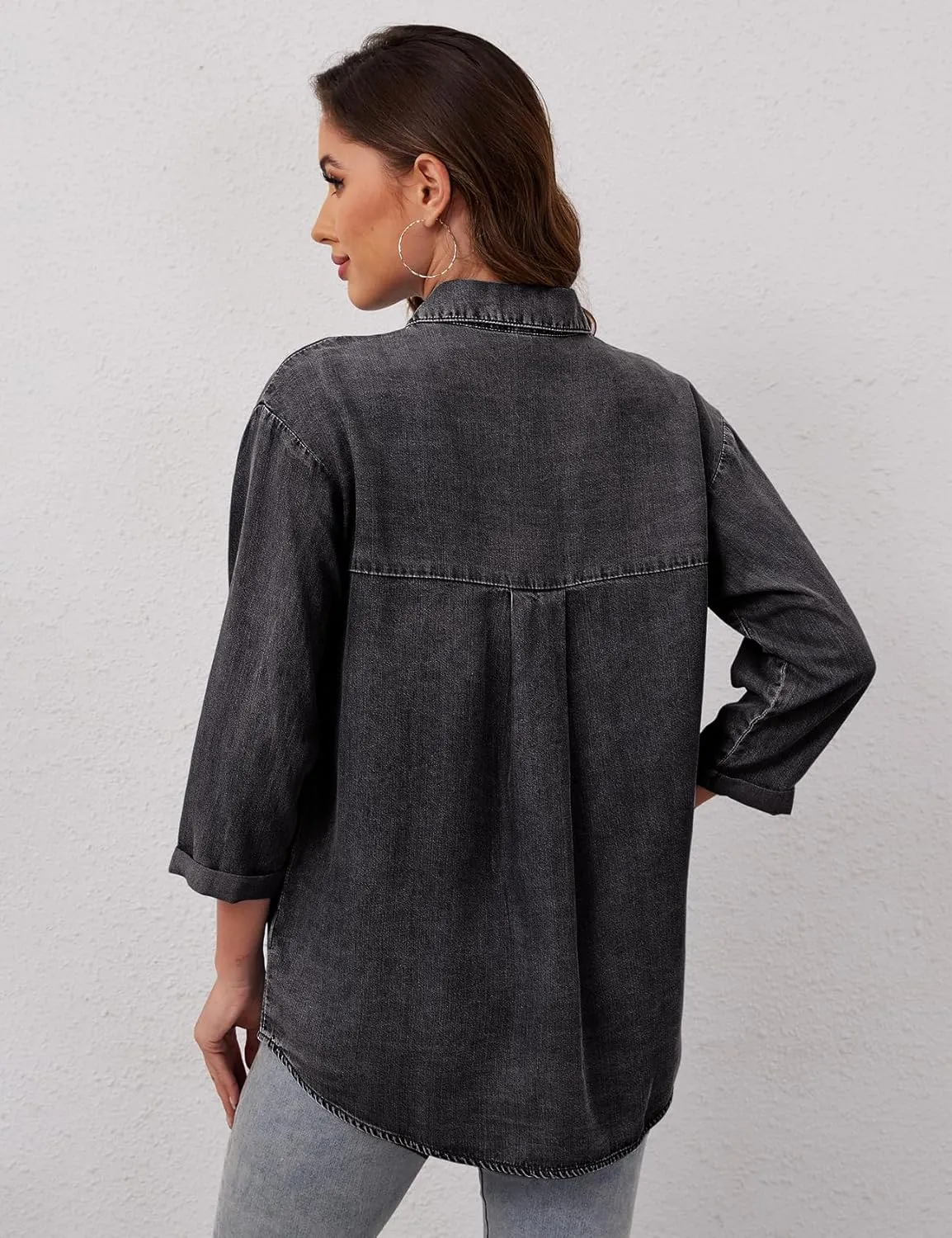 Yimoon Womens Denim Shirt Chambray Blue Button Down Jean Shirt Denim Tops Soft Tencel Casual 3/4 Sleeve Jacket