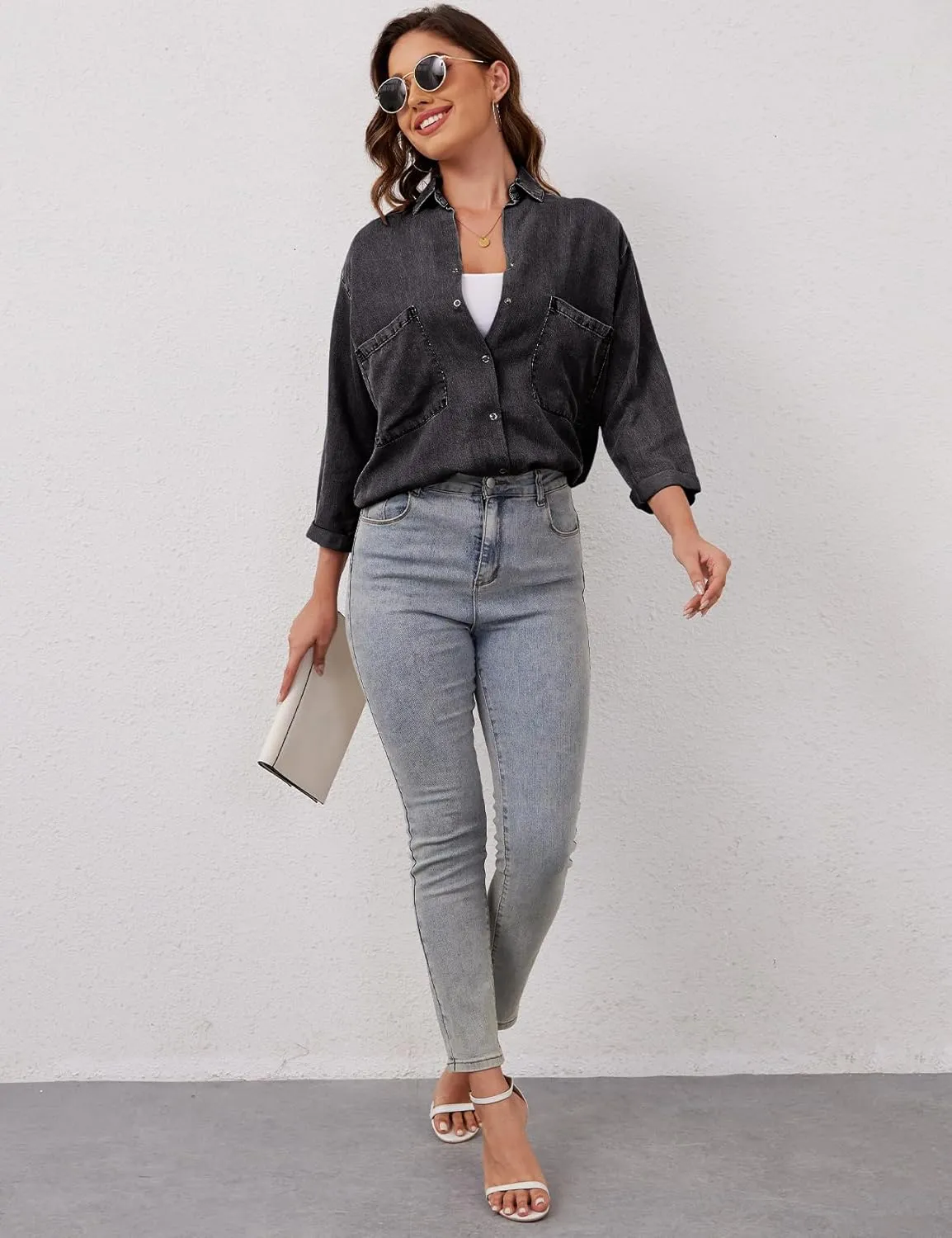 Yimoon Womens Denim Shirt Chambray Blue Button Down Jean Shirt Denim Tops Soft Tencel Casual 3/4 Sleeve Jacket